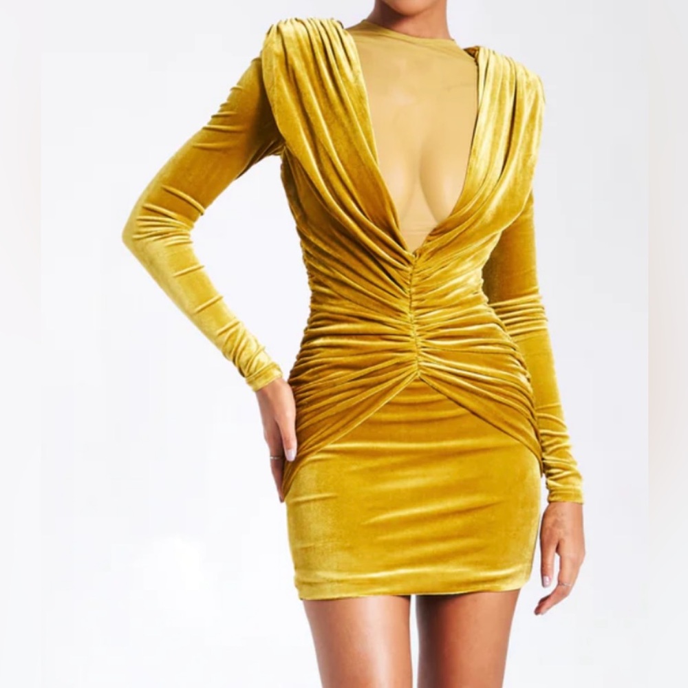 Miss Circle brand, Gold Velvet Dress with Sheer Deep V-Neckline detail, Size XS